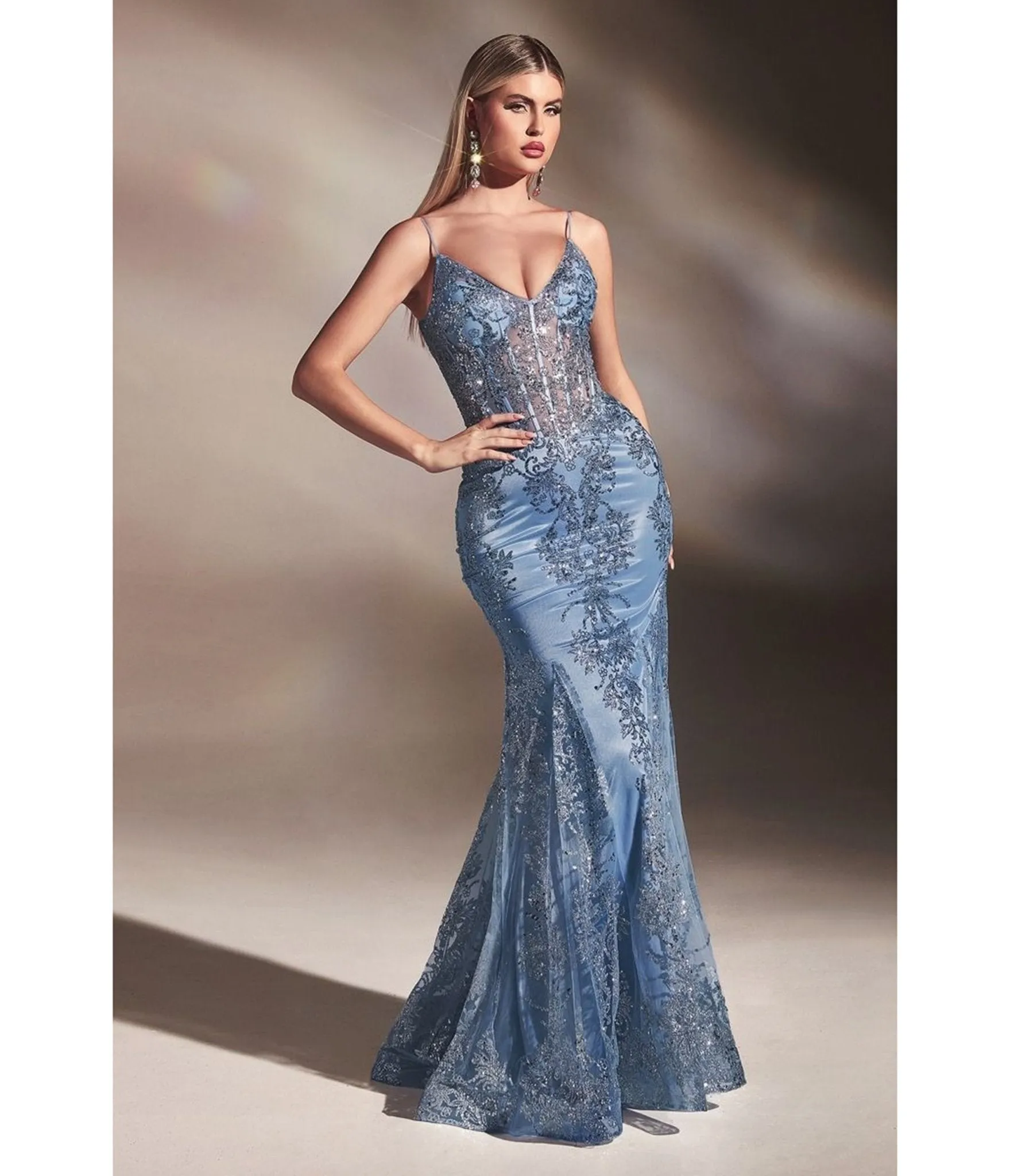 LaDivine by Cinderella Divine Paris Blue Sequin-Appliqué Mermaid Gown with V-Neck Sheer Bodice sold by Unique Vintage