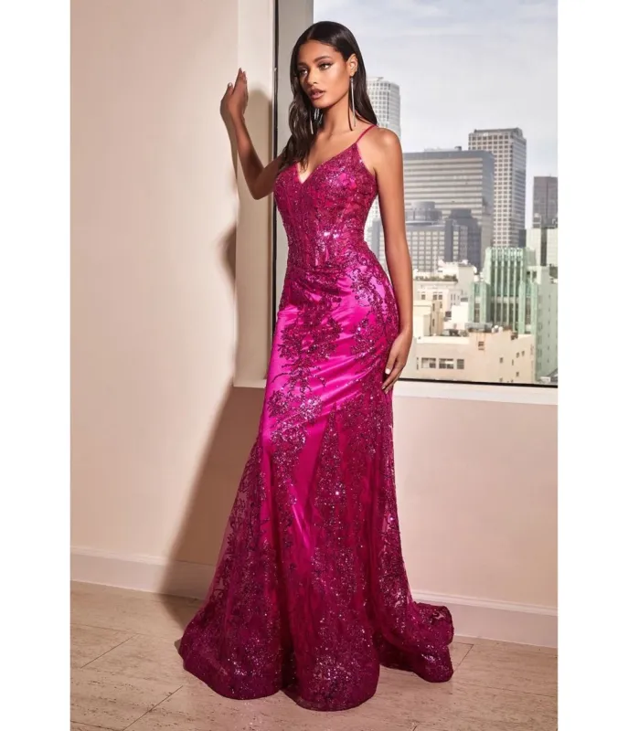 LaDivine by Cinderella Divine Magenta Sequin-Appliqué Mermaid Gown with V-Neck Sheer Bodice sold by Unique Vintage