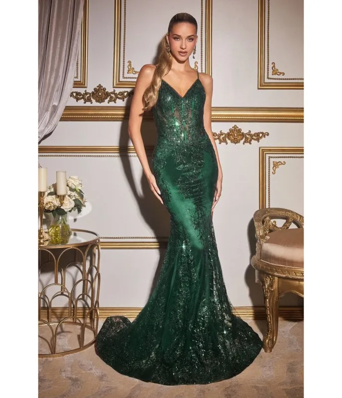 LaDivine by Cinderella Divine Dark Emerald Sequin-Appliqué Mermaid Gown with V-Neck Sheer Bodice sold by Unique Vintage