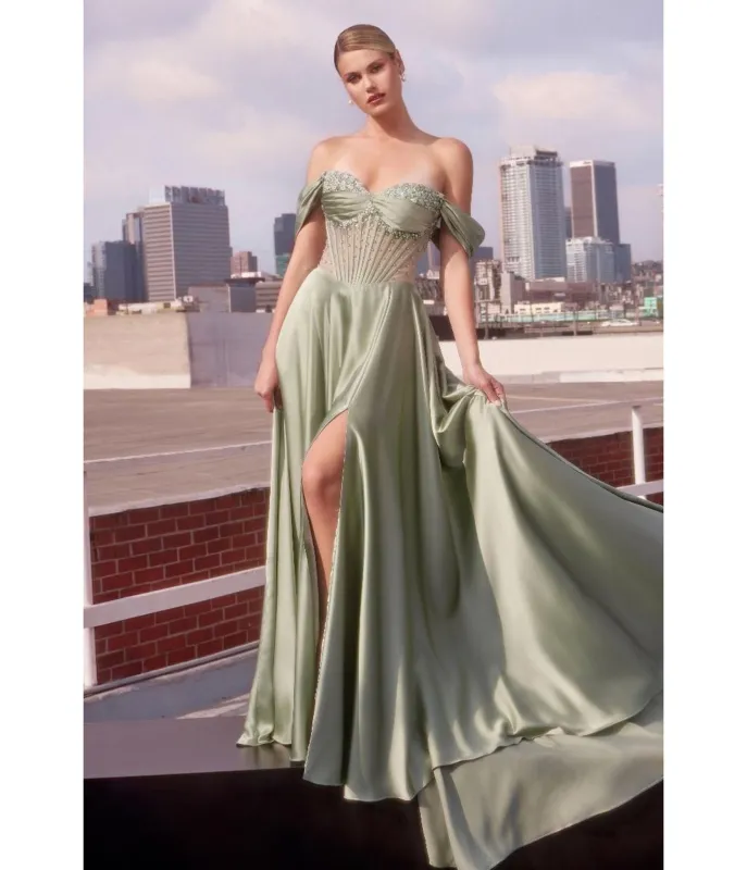 LaDivine by Cinderella Divine Sage Strapless Sweetheart Evening Gown with Ruched Skirt sold by Unique Vintage