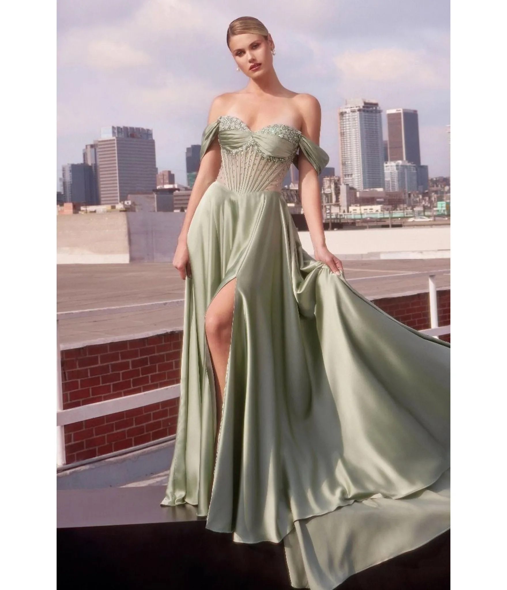 LaDivine by Cinderella Divine Sage Strapless Sweetheart Evening Gown with Ruched Skirt sold by Unique Vintage