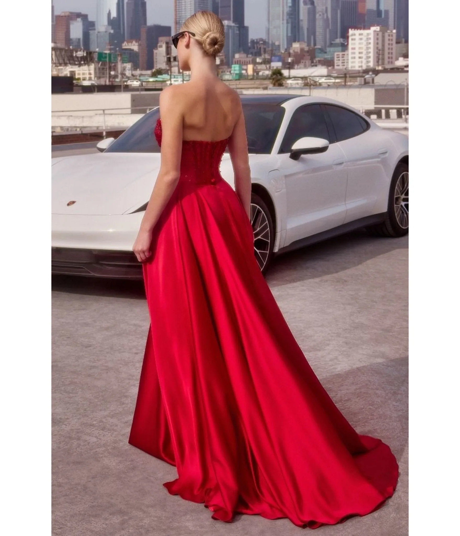 LaDivine by Cinderella Divine Red Strapless Sweetheart Evening Gown with Ruched Skirt sold by Unique Vintage product image thumbnail 2