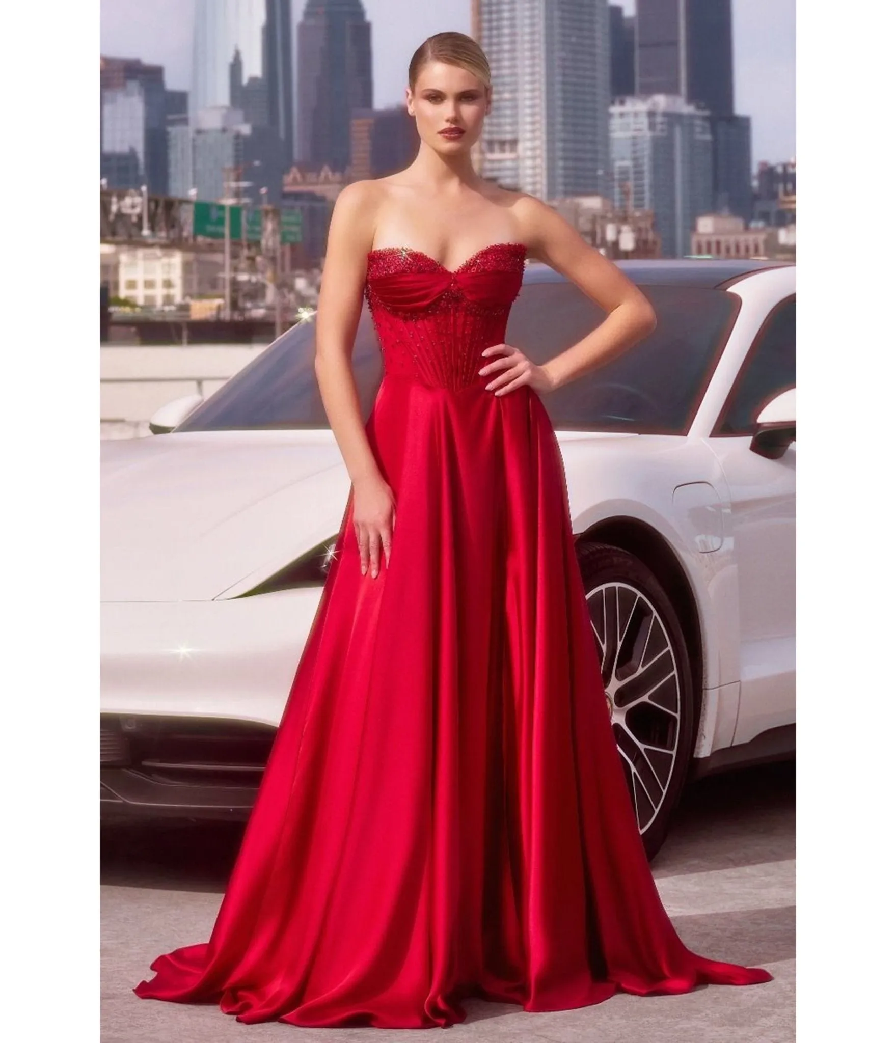 LaDivine by Cinderella Divine Red Strapless Sweetheart Evening Gown with Ruched Skirt sold by Unique Vintage