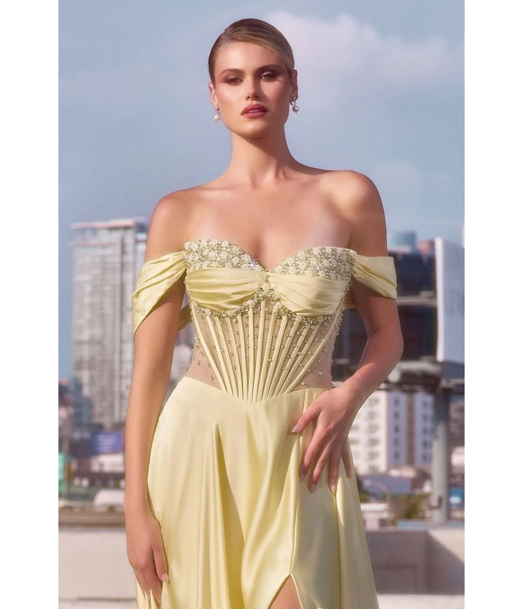 LaDivine by Cinderella Divine Light Yellow Strapless Sweetheart Evening Gown with Ruched Skirt sold by Unique Vintage product image thumbnail 2