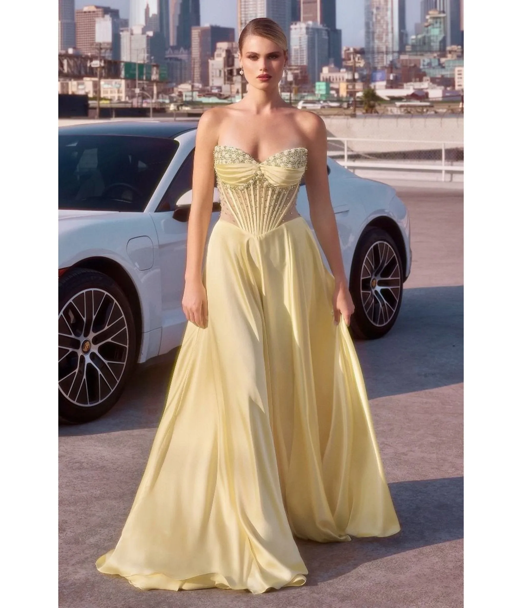 LaDivine by Cinderella Divine Light Yellow Strapless Sweetheart Evening Gown with Ruched Skirt sold by Unique Vintage