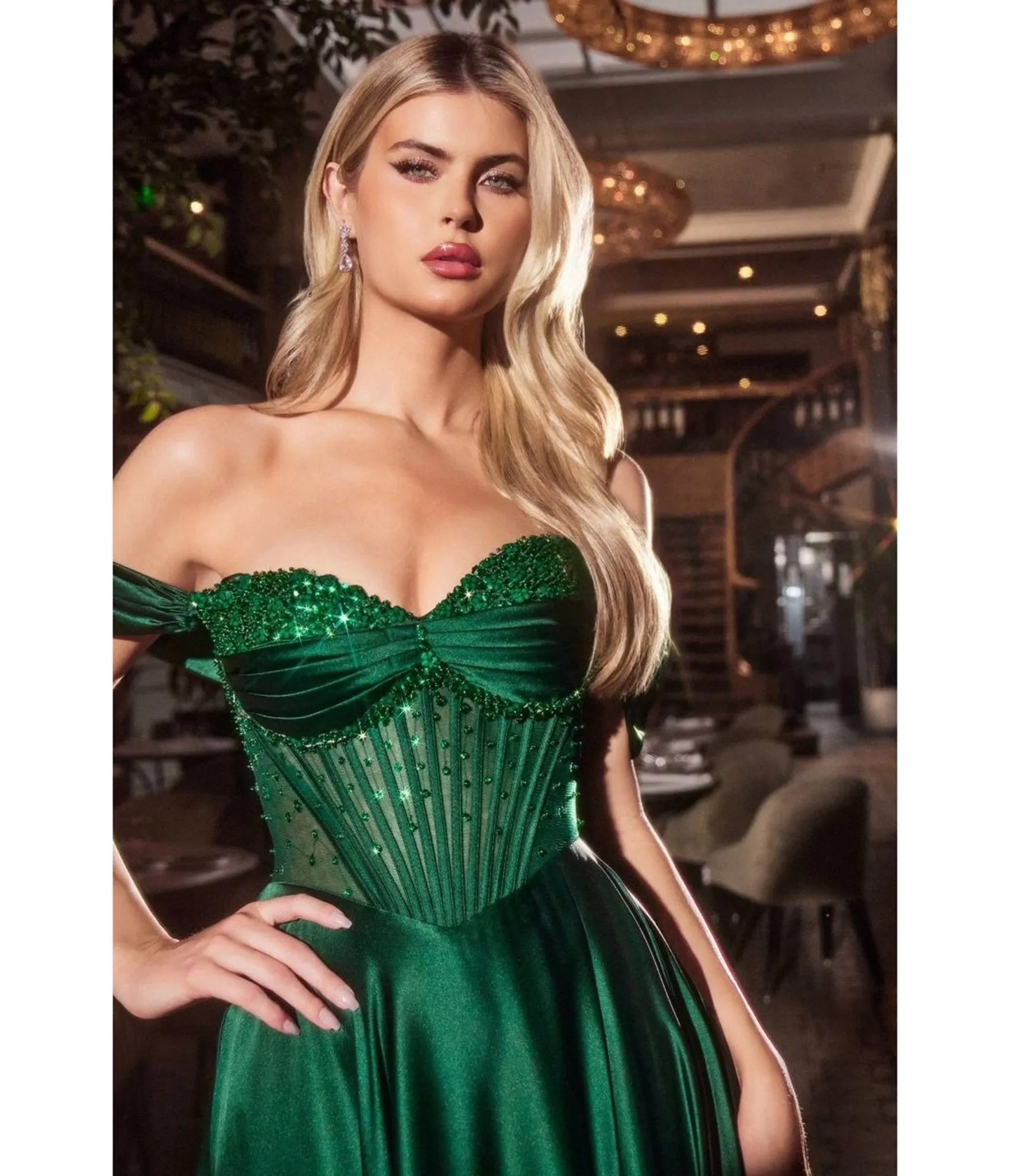 LaDivine by Cinderella Divine Emerald Strapless Sweetheart Evening Gown with Ruched Skirt sold by Unique Vintage product image thumbnail 2