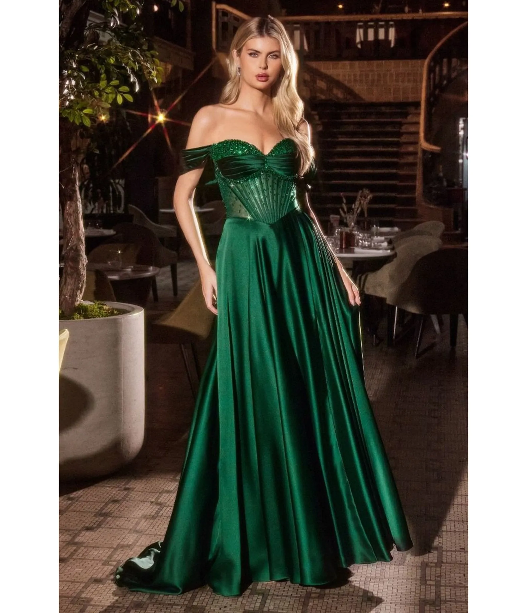 LaDivine by Cinderella Divine Emerald Strapless Sweetheart Evening Gown with Ruched Skirt sold by Unique Vintage