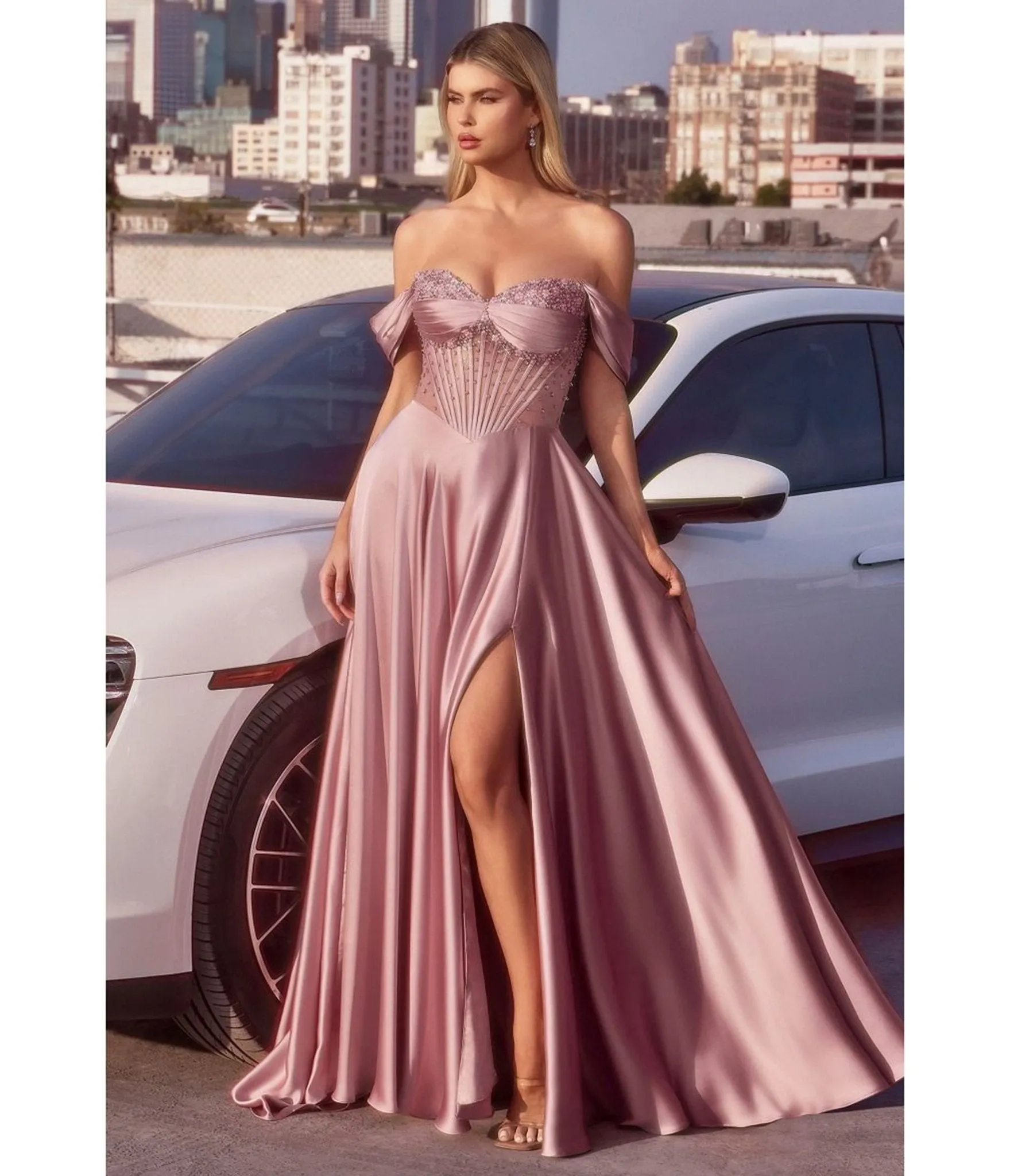 LaDivine by Cinderella Divine Dusty Rose Strapless Sweetheart Evening Gown with Ruched Skirt sold by Unique Vintage