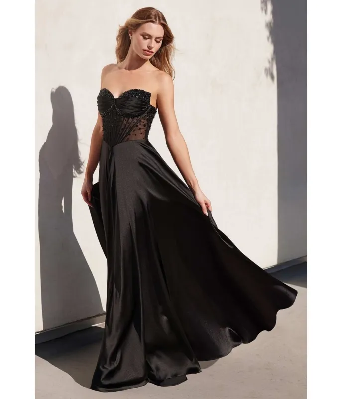 LaDivine by Cinderella Divine Black Strapless Sweetheart Evening Gown with Ruched Skirt sold by Unique Vintage