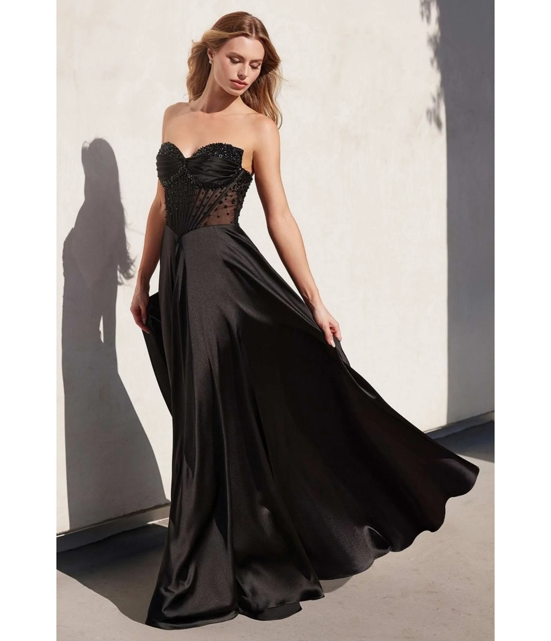 LaDivine by Cinderella Divine Black Strapless Sweetheart Evening Gown with Ruched Skirt sold by Unique Vintage