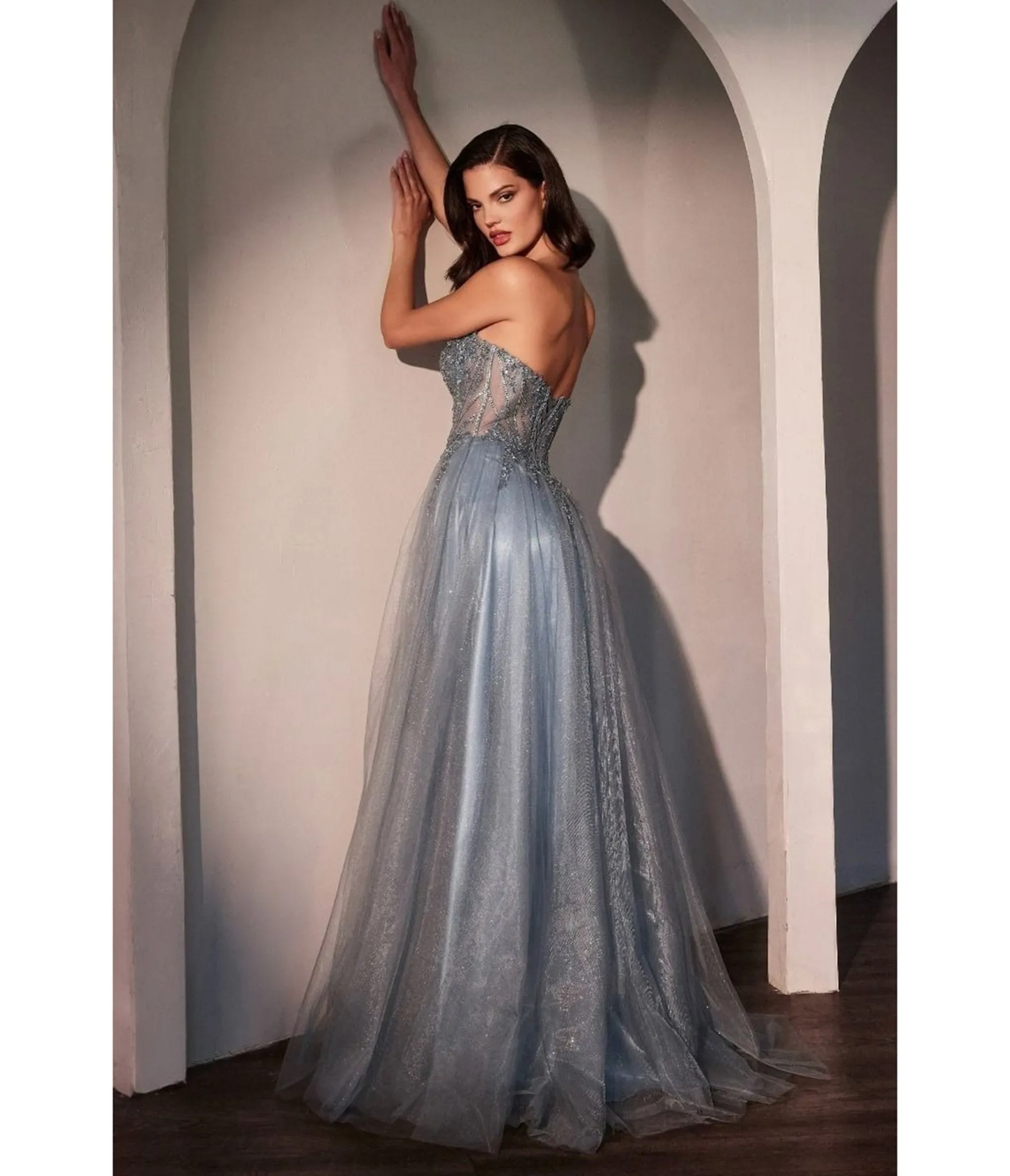 LaDivine by Cinderella Divine Smokey Blue Deep Sweetheart Neck Enchanted Floral Tulle Prom Gown sold by Unique Vintage product image thumbnail 2