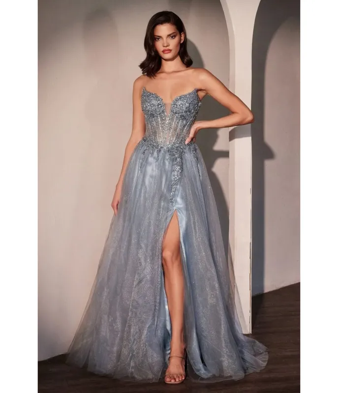 LaDivine by Cinderella Divine Smokey Blue Deep Sweetheart Neck Enchanted Floral Tulle Prom Gown sold by Unique Vintage