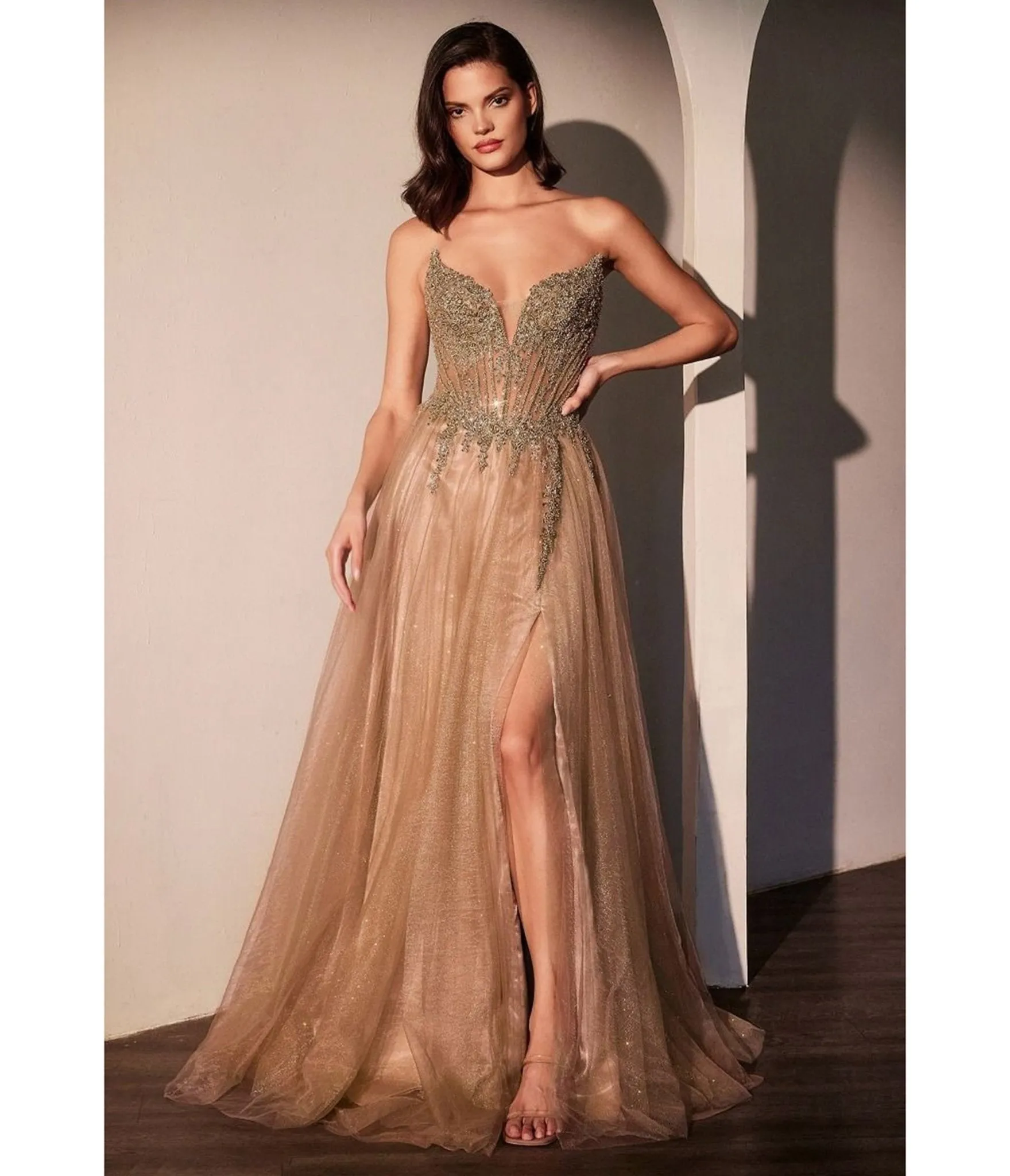 LaDivine by Cinderella Divine Mocha Gold Deep Sweetheart Neck Enchanted Floral Tulle Prom Gown sold by Unique Vintage