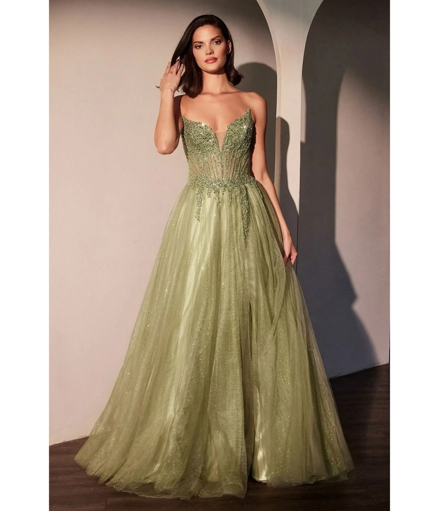 LaDivine by Cinderella Divine Greenery Deep Sweetheart Neck Enchanted Floral Tulle Prom Gown sold by Unique Vintage