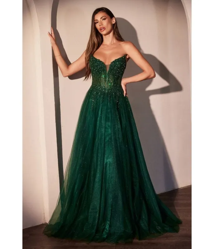 LaDivine by Cinderella Divine Emerald Deep Sweetheart Neck Enchanted Floral Tulle Prom Gown sold by Unique Vintage
