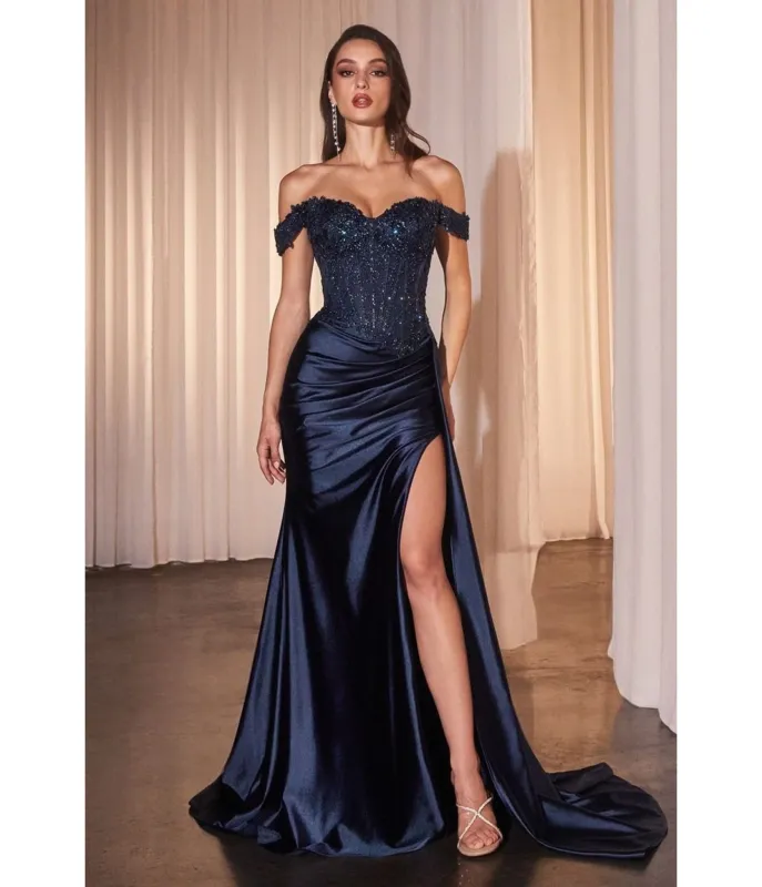 LaDivine by Cinderella Divine Navy Sweetheart Lace Off-Shoulder Evening Gown with Side Slit sold by Unique Vintage