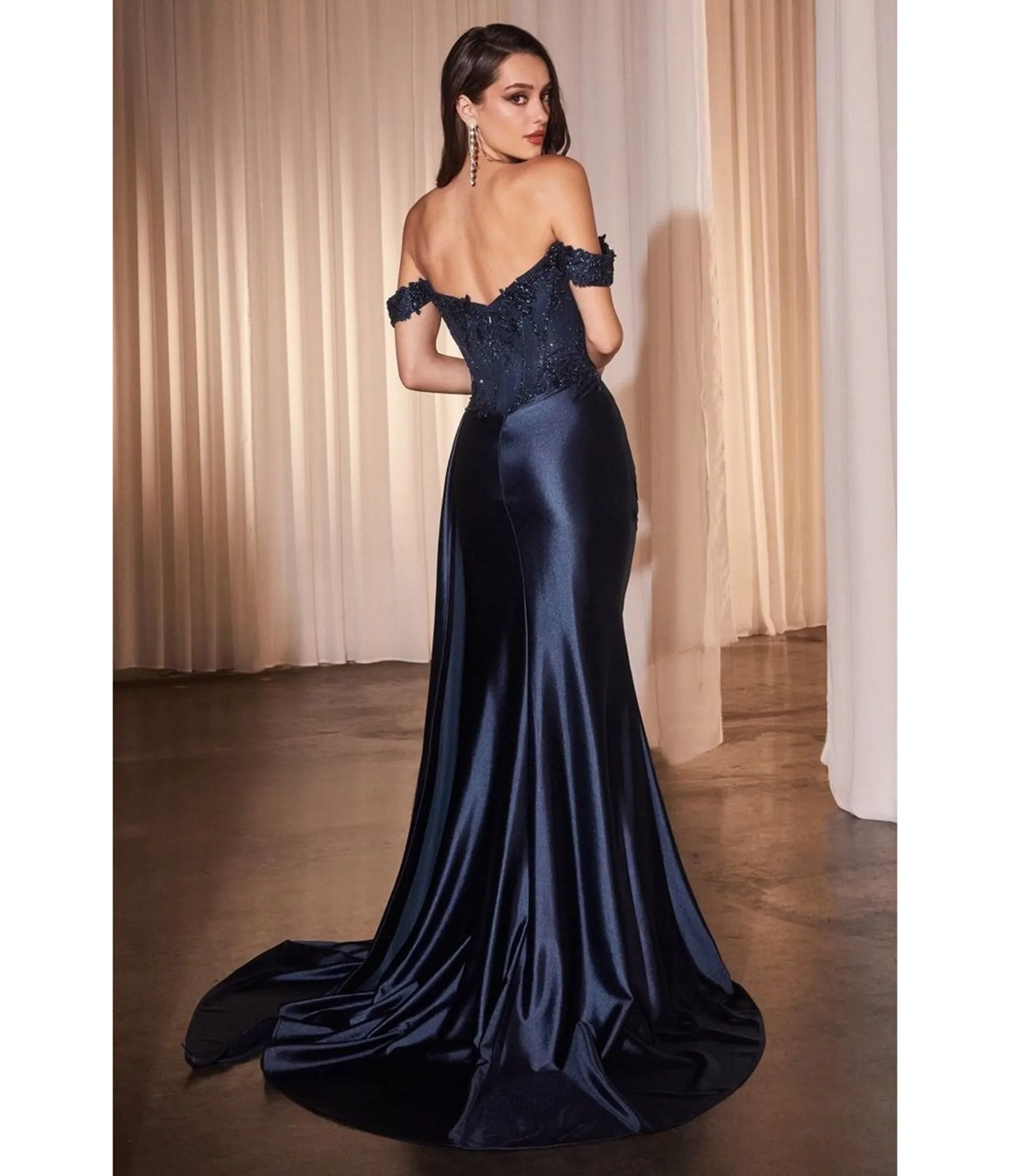 LaDivine by Cinderella Divine Navy Sweetheart Lace Off-Shoulder Evening Gown with Side Slit sold by Unique Vintage product image thumbnail 2