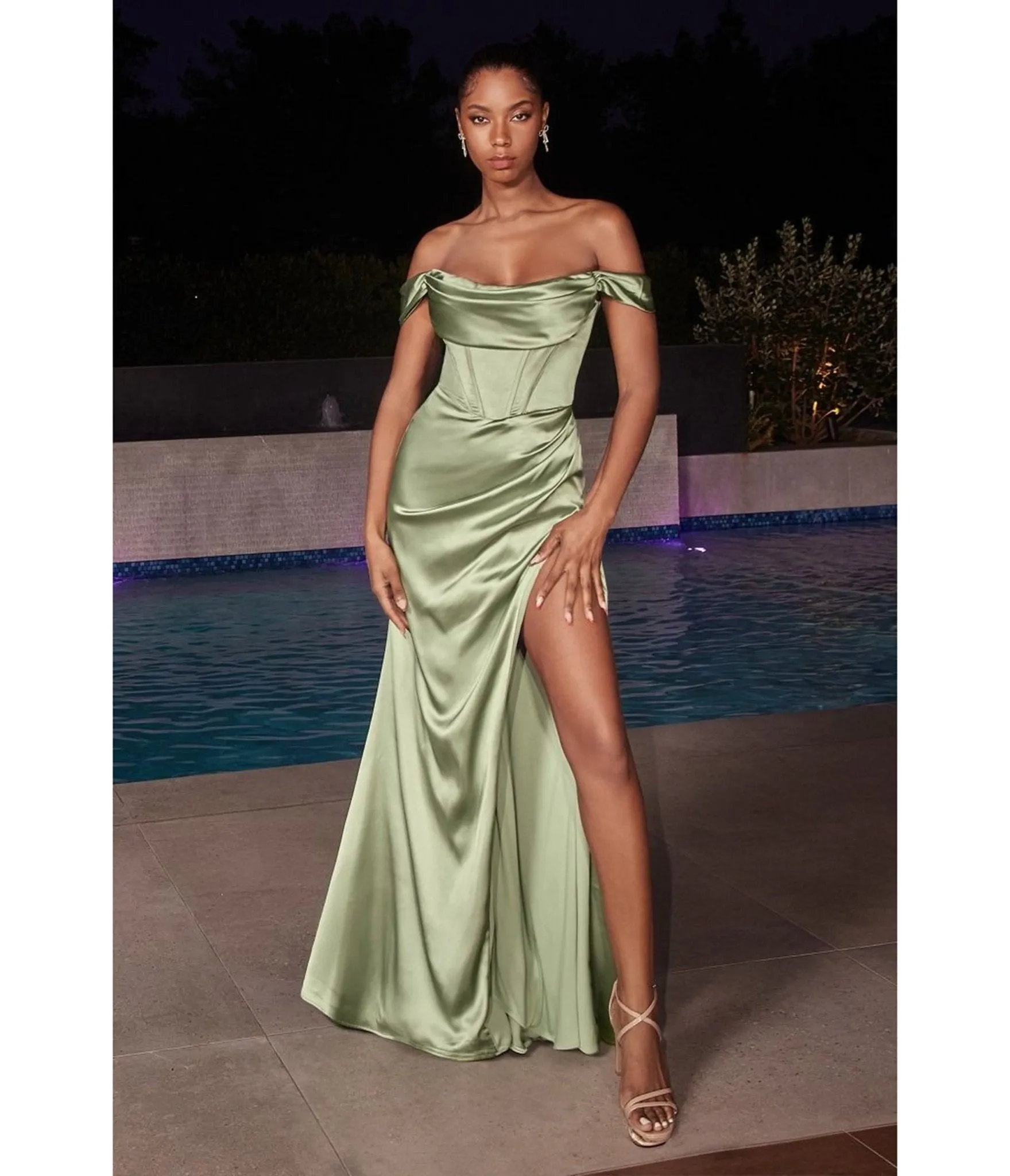 LaDivine by Cinderella Divine Sage Satin Off-Shoulder Pleated Neck Gown sold by Unique Vintage