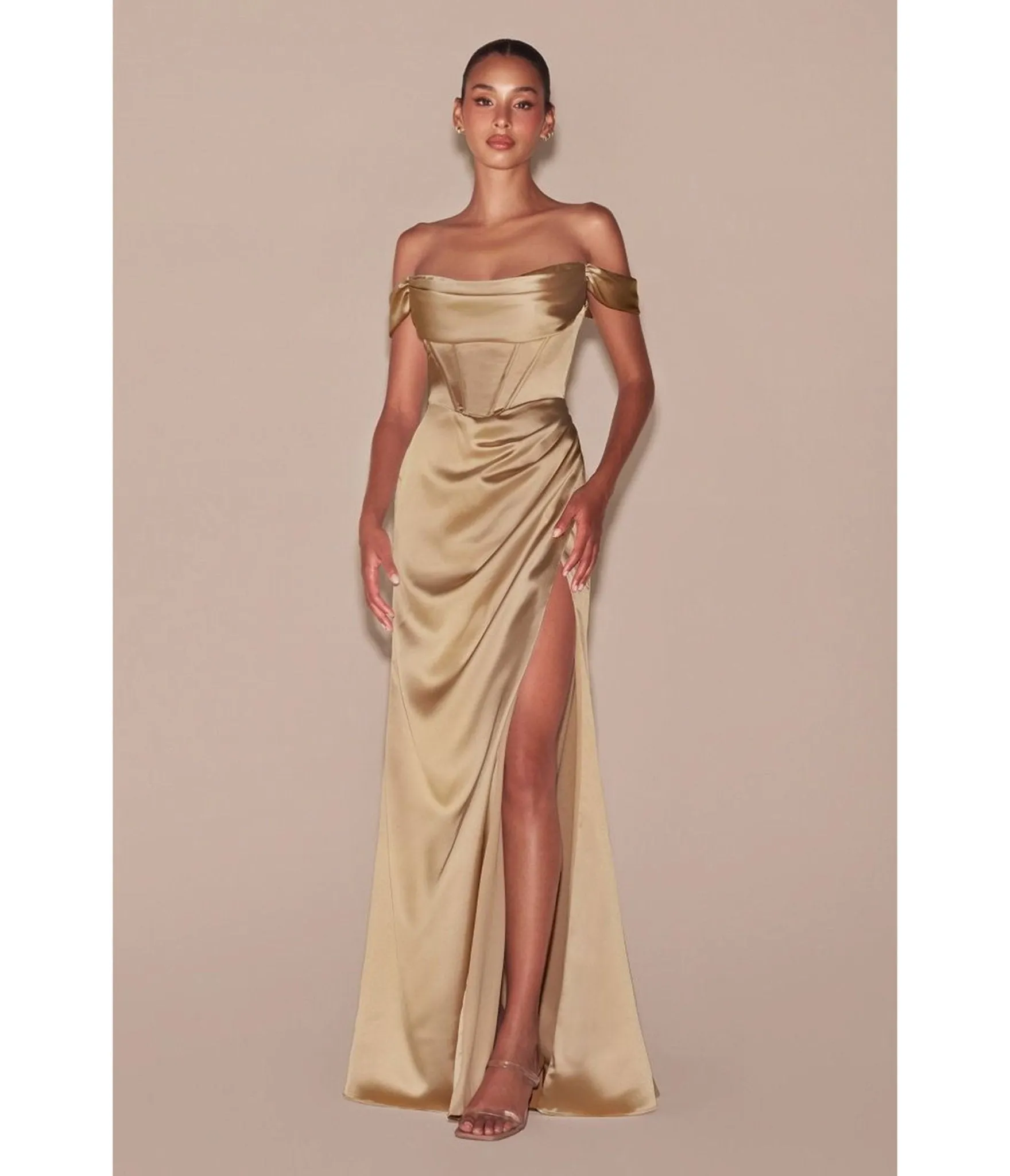 LaDivine by Cinderella Divine Champagne Satin Off-Shoulder Pleated Neck Gown sold by Unique Vintage