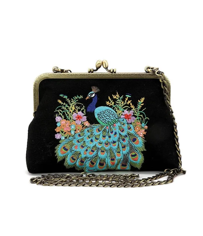 Peacock Kisslock Embroidered Bag made by Unique Vintage