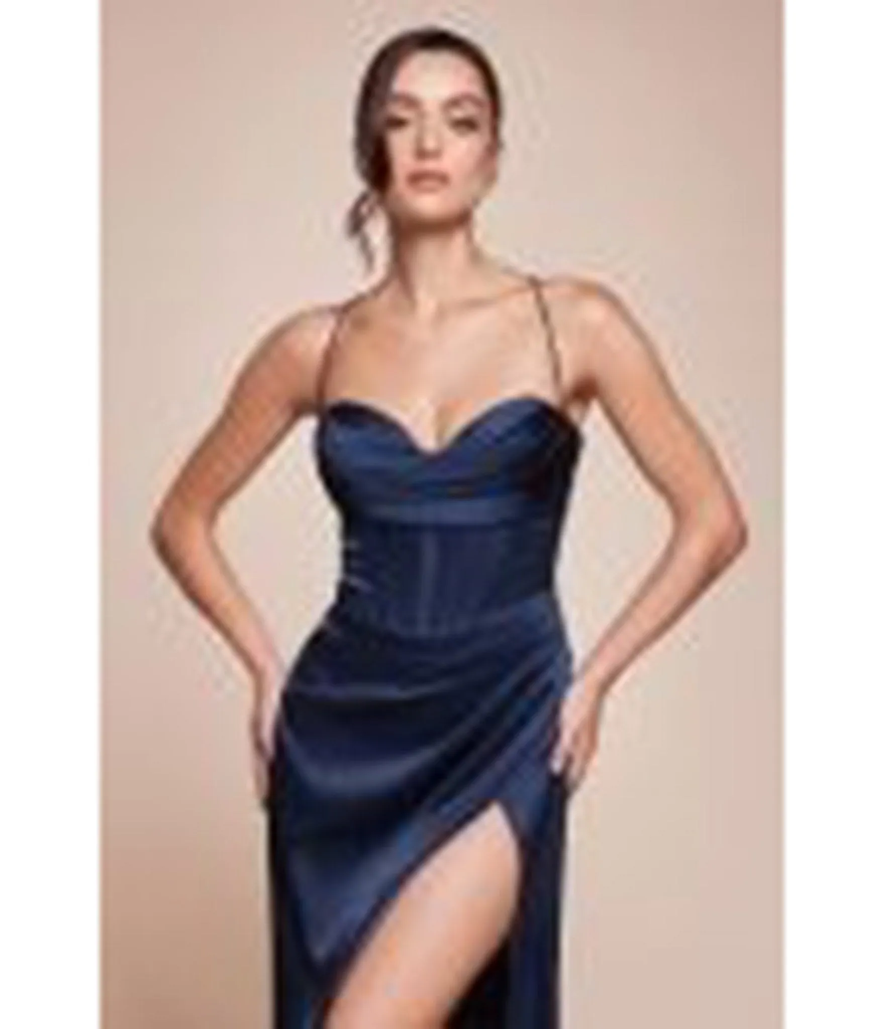 LaDivine by Cinderella Divine Navy Sweetheart Neck Curve-Defining Bridesmaid Gown with Leg Slit sold by Unique Vintage product image thumbnail 2