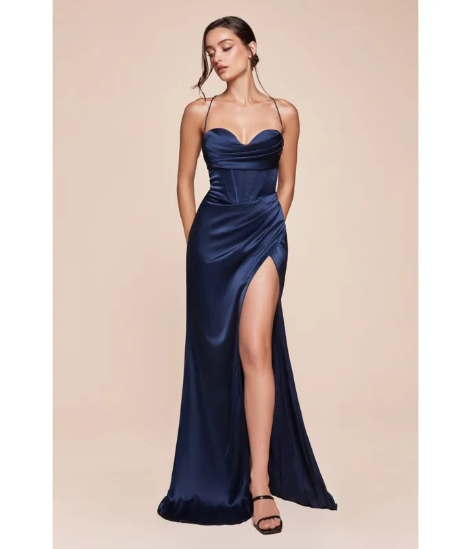 LaDivine by Cinderella Divine Navy Sweetheart Neck Curve-Defining Bridesmaid Gown with Leg Slit made by Unique Vintage