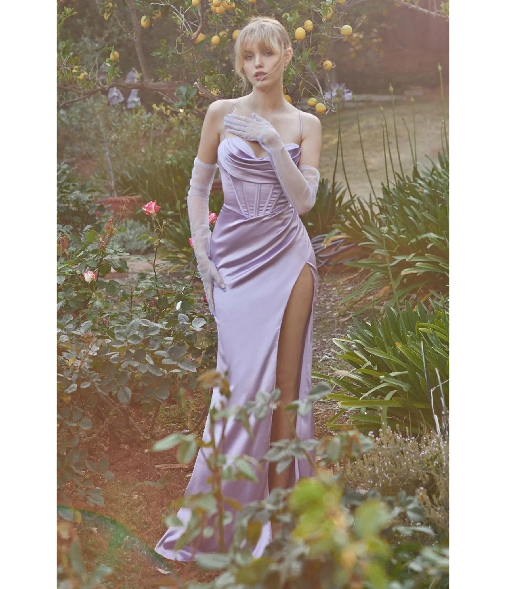 LaDivine by Cinderella Divine Lavender Sweetheart Neck Curve-Defining Bridesmaid Gown with Leg Slit sold by Unique Vintage