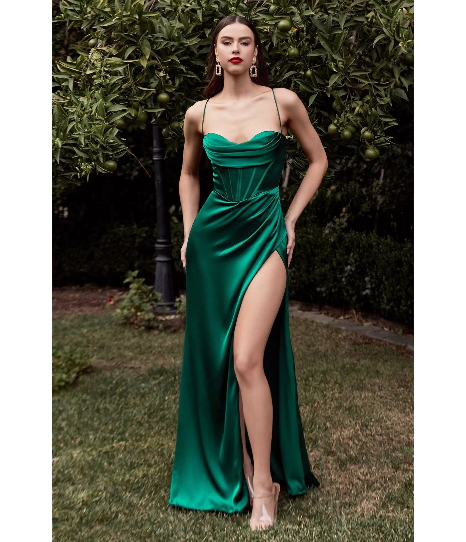 LaDivine by Cinderella Divine Emerald Sweetheart Neck Curve-Defining Bridesmaid Gown with Leg Slit sold by Unique Vintage