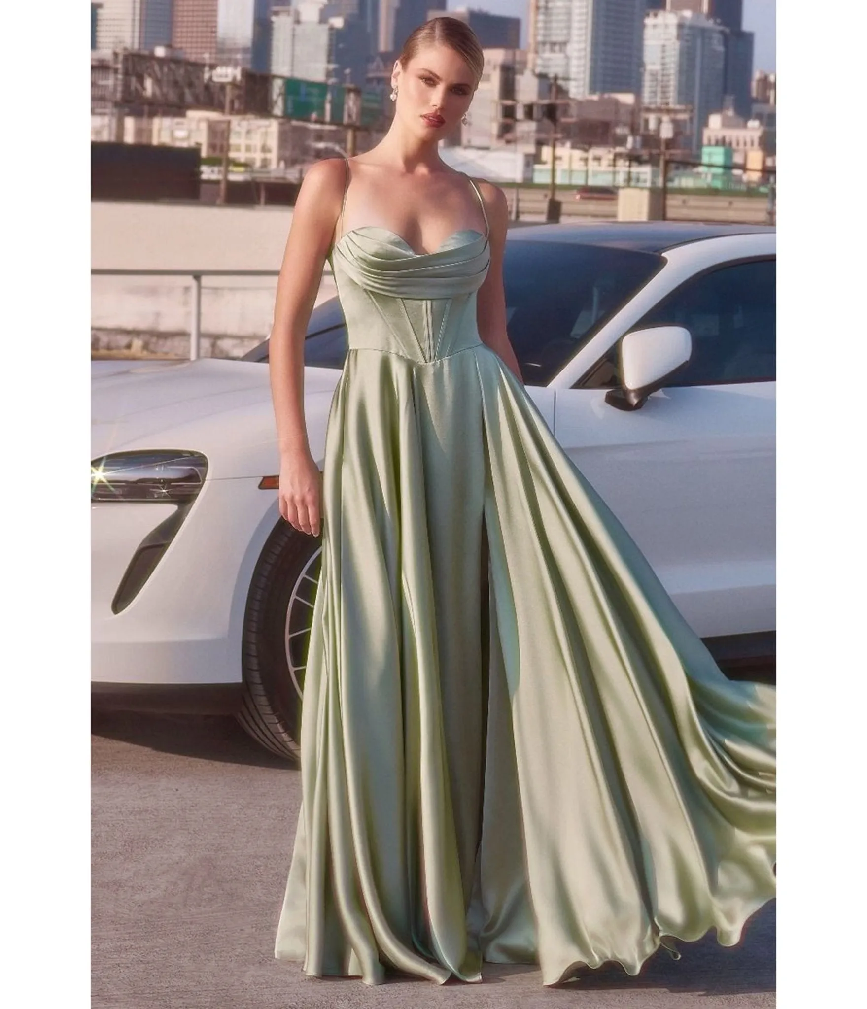 LaDivine by Cinderella Divine Sage Pleated Neck Bridesmaid Gown with Boned Bodice and Slit sold by Unique Vintage