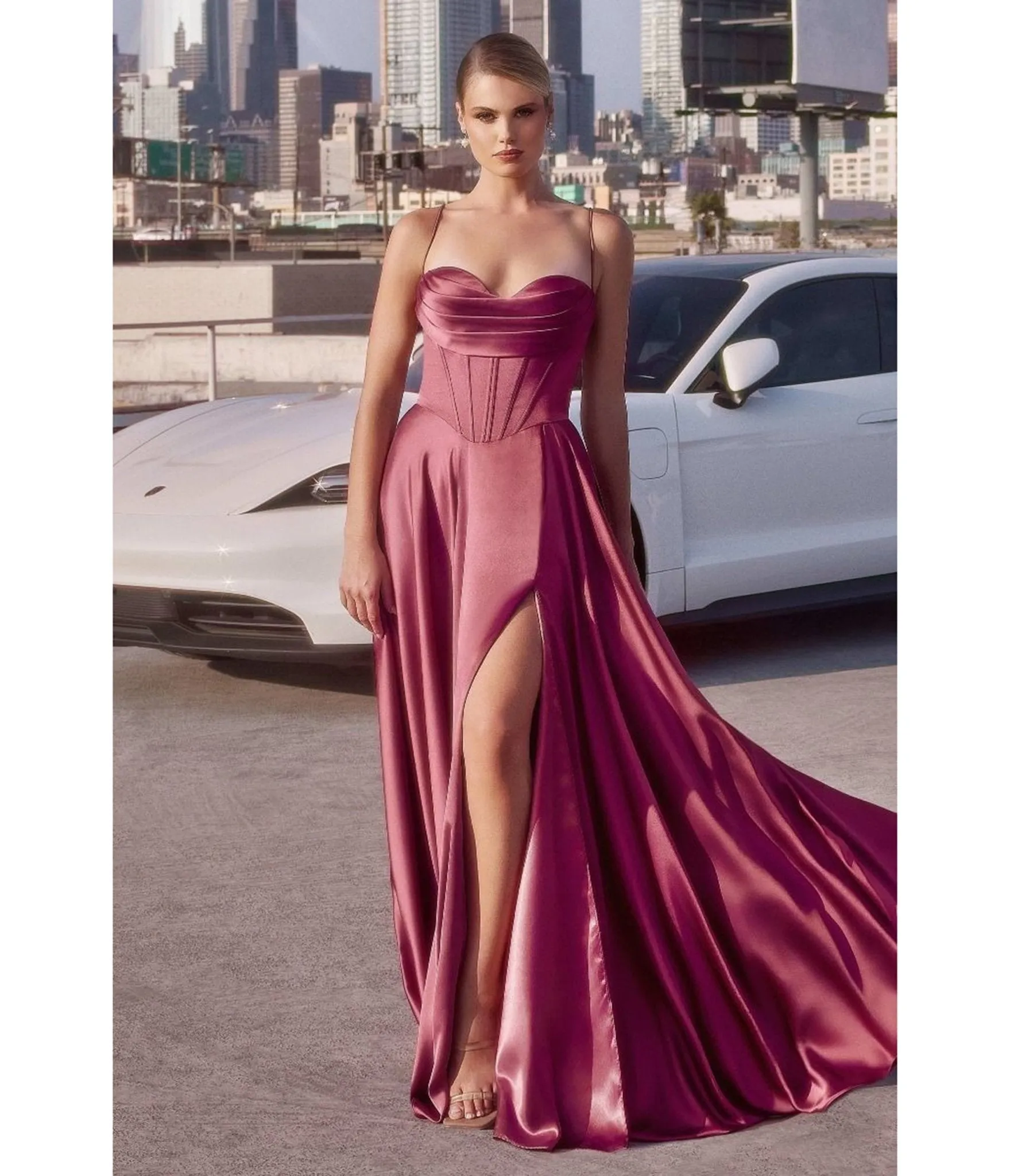 LaDivine by Cinderella Divine Mauve Rose Pleated Neck Bridesmaid Gown with Boned Bodice and Slit sold by Unique Vintage