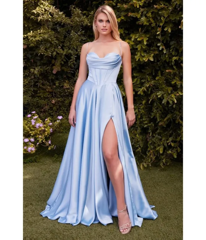 LaDivine by Cinderella Divine Light Blue Pleated Neck Bridesmaid Gown with Boned Bodice and Slit sold by Unique Vintage