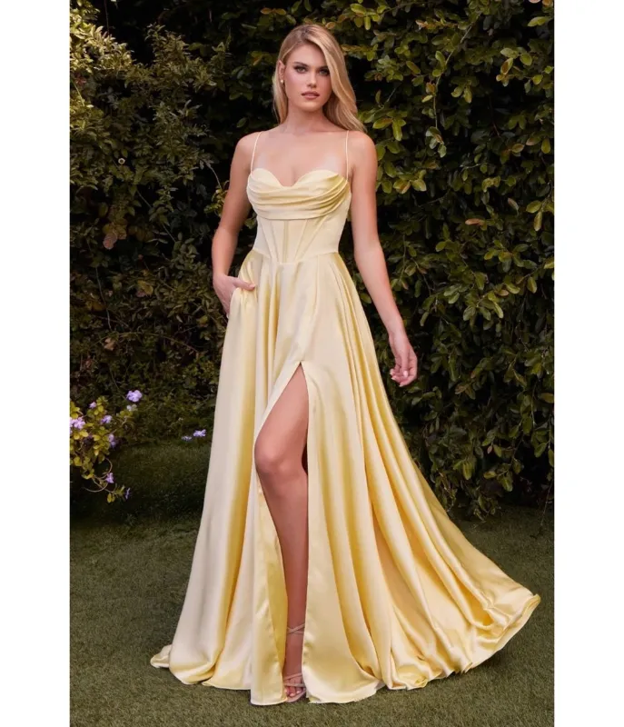 LaDivine by Cinderella Divine Light Yellow Pleated Neck Bridesmaid Gown with Boned Bodice and Slit sold by Unique Vintage