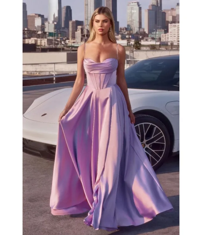 LaDivine by Cinderella Divine Lavender Pleated Neck Bridesmaid Gown with Boned Bodice and Slit sold by Unique Vintage