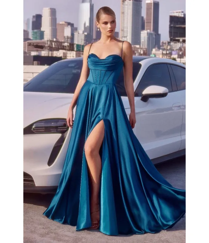 LaDivine by Cinderella Divine French Navy Pleated Neck Bridesmaid Gown with Boned Bodice and Slit sold by Unique Vintage