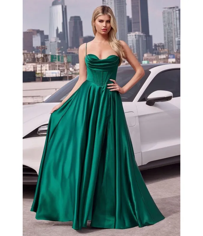 LaDivine by Cinderella Divine Emerald Pleated Neck Bridesmaid Gown with Boned Bodice and Slit sold by Unique Vintage