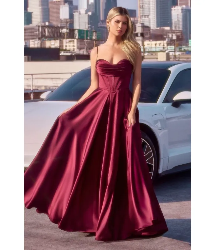 LaDivine by Cinderella Divine Burgundy Pleated Neck Bridesmaid Gown with Boned Bodice and Slit sold by Unique Vintage