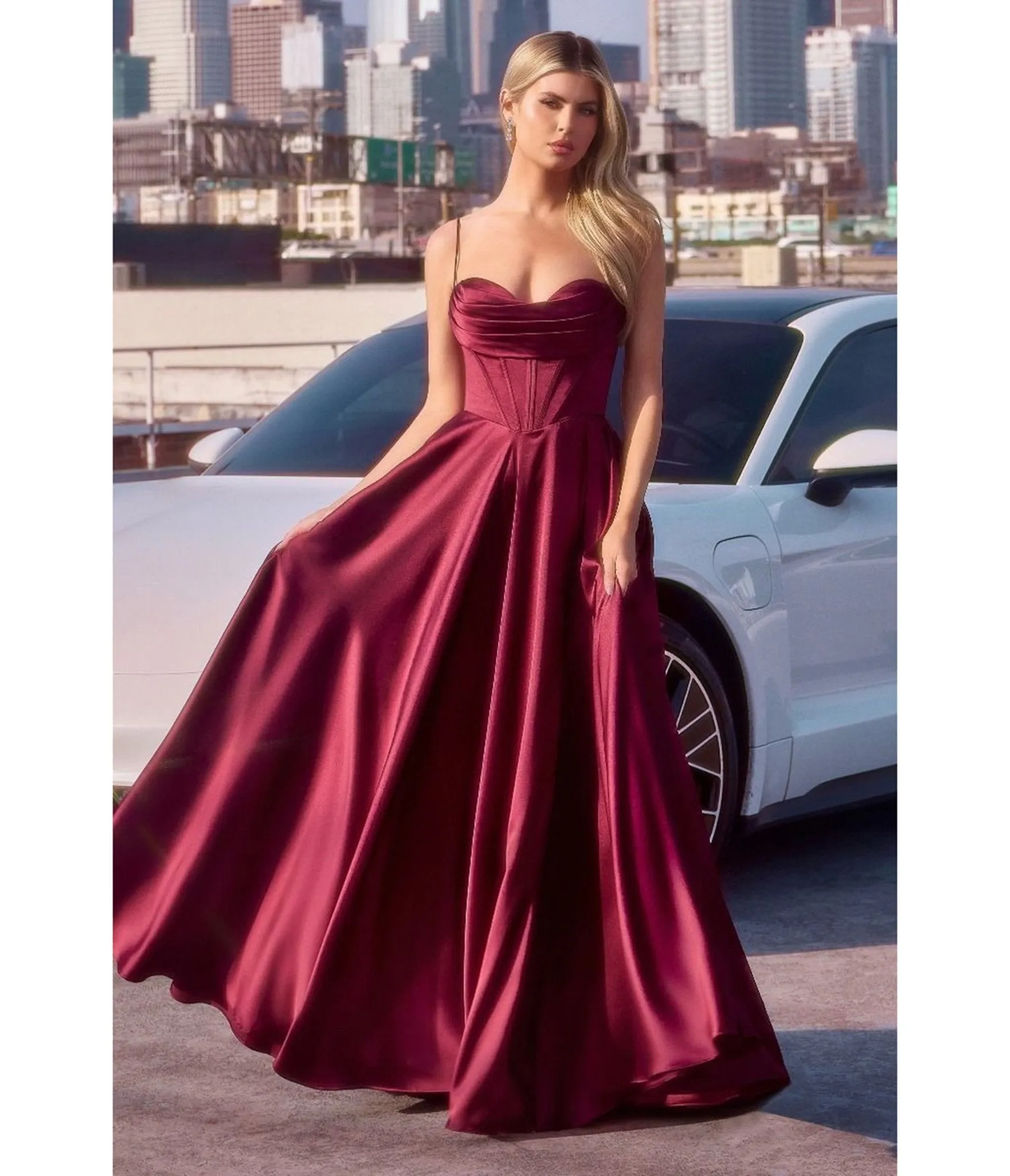 LaDivine by Cinderella Divine Burgundy Pleated Neck Bridesmaid Gown with Boned Bodice and Slit sold by Unique Vintage