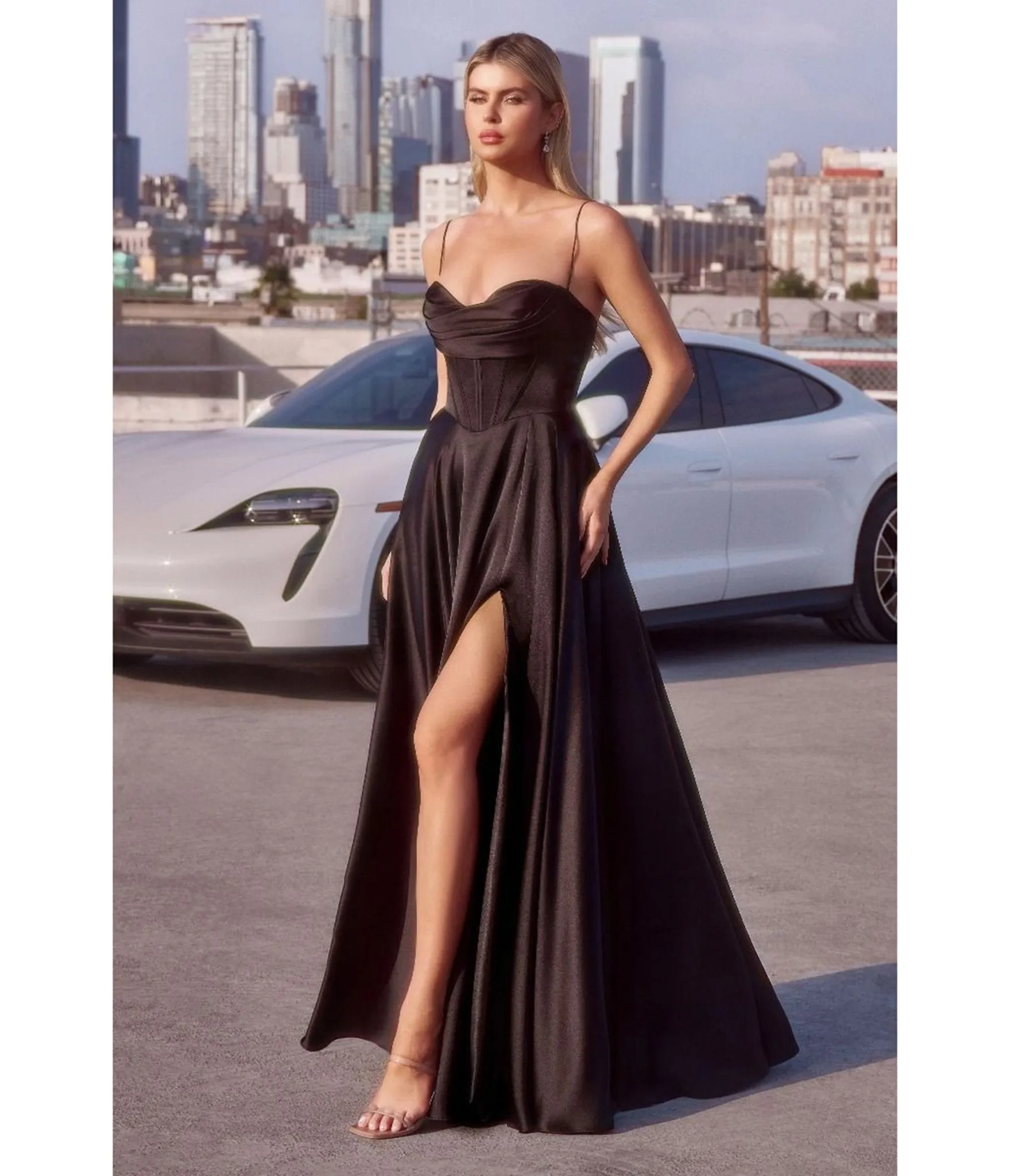 LaDivine by Cinderella Divine Black Pleated Neck Bridesmaid Gown with Boned Bodice and Slit sold by Unique Vintage