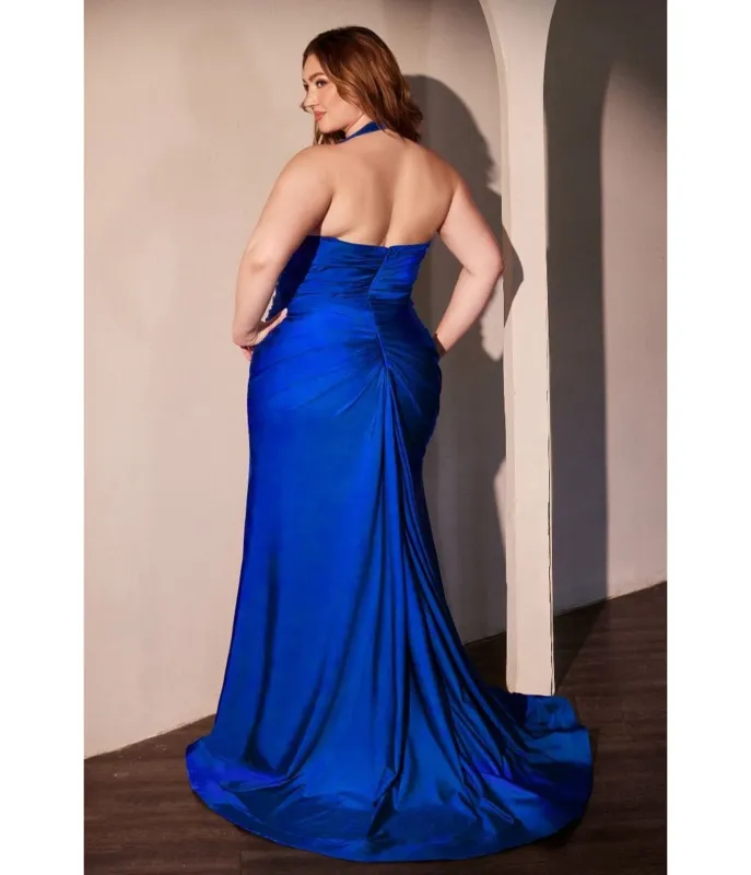 LaDivine by Cinderella Divine Royal Blue Plus Halter Sweetheart Neck Dress with Leg Slit sold by Unique Vintage