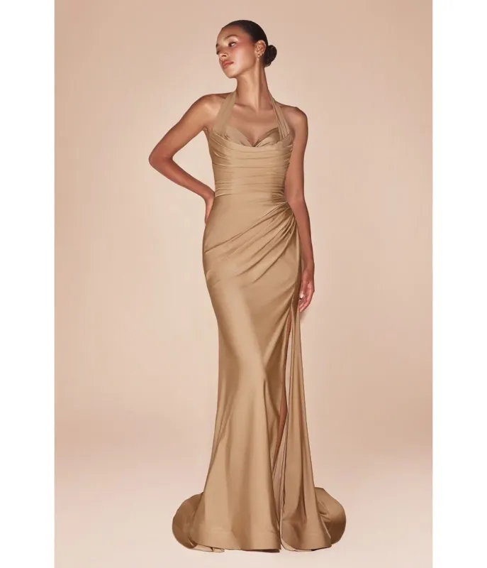 LaDivine by Cinderella Divine Nude Gold Halter Sweetheart Neck Bridesmaid Gown with Gathered Waist sold by Unique Vintage