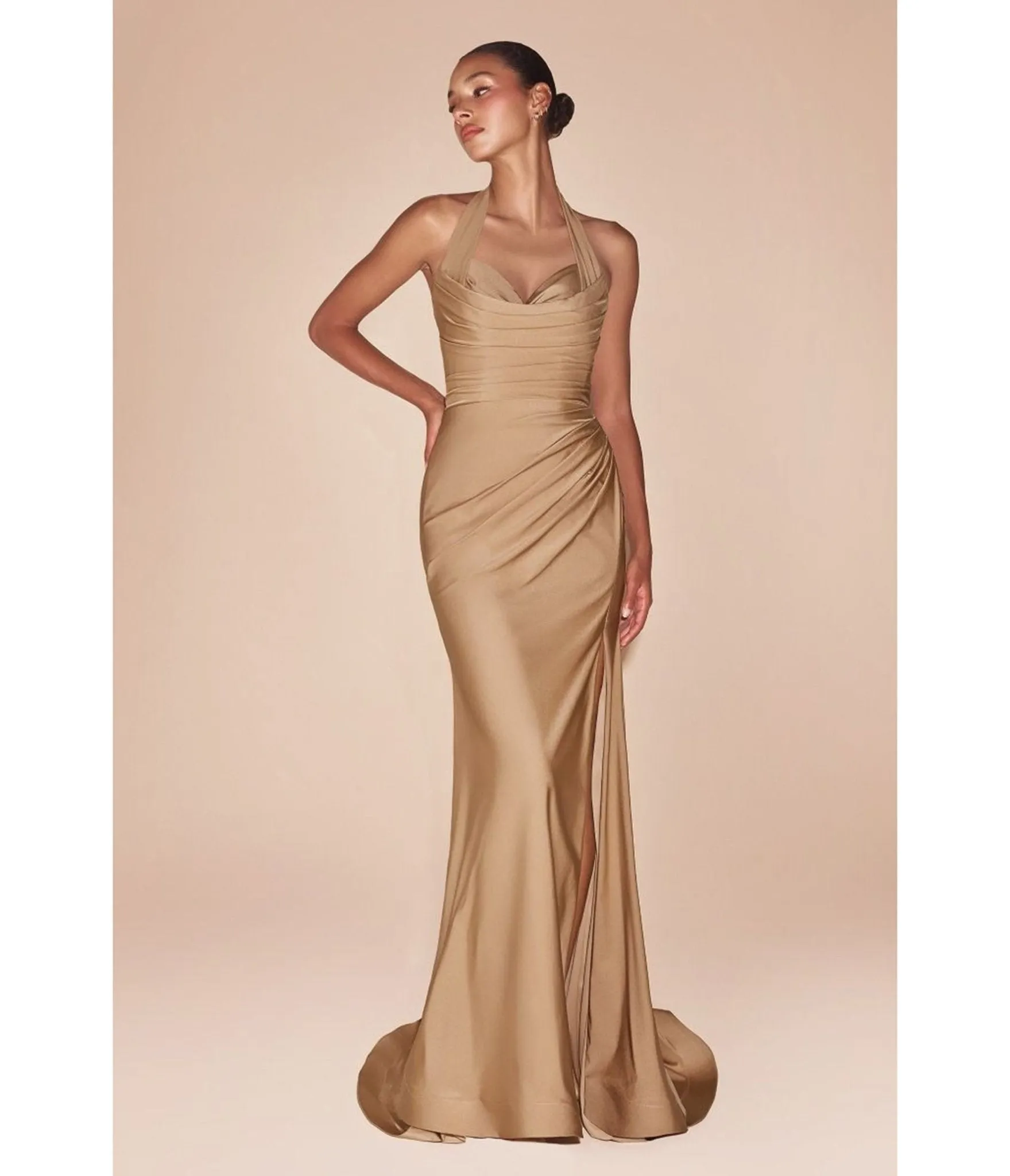 LaDivine by Cinderella Divine Nude Gold Halter Sweetheart Neck Bridesmaid Gown with Gathered Waist sold by Unique Vintage