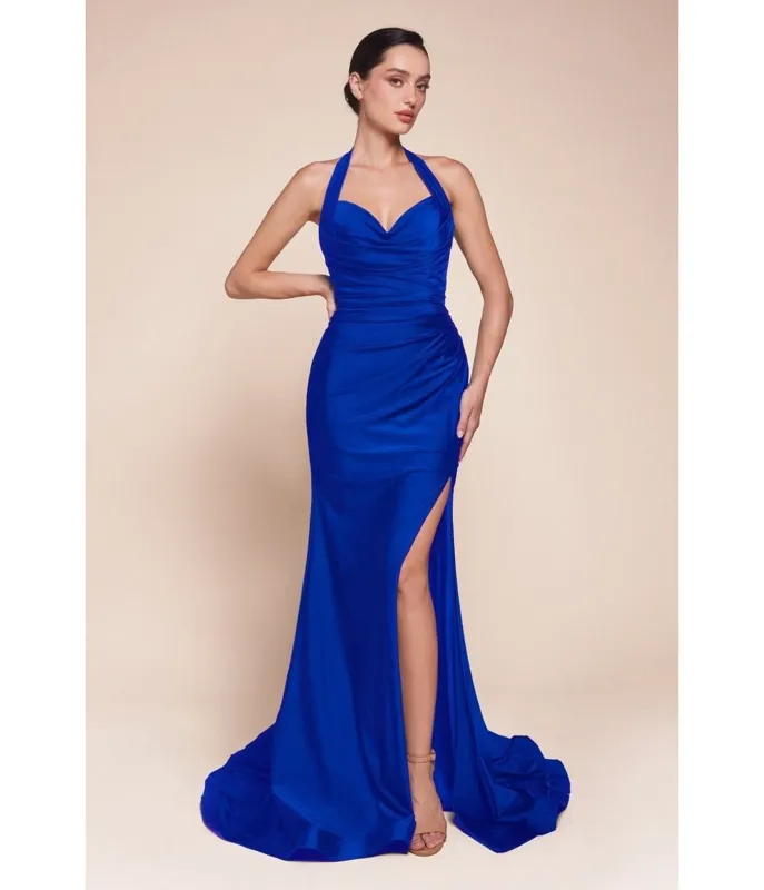 LaDivine by Cinderella Divine Royal Blue Halter Sweetheart Neck Bridesmaid Gown with Gathered Waist sold by Unique Vintage