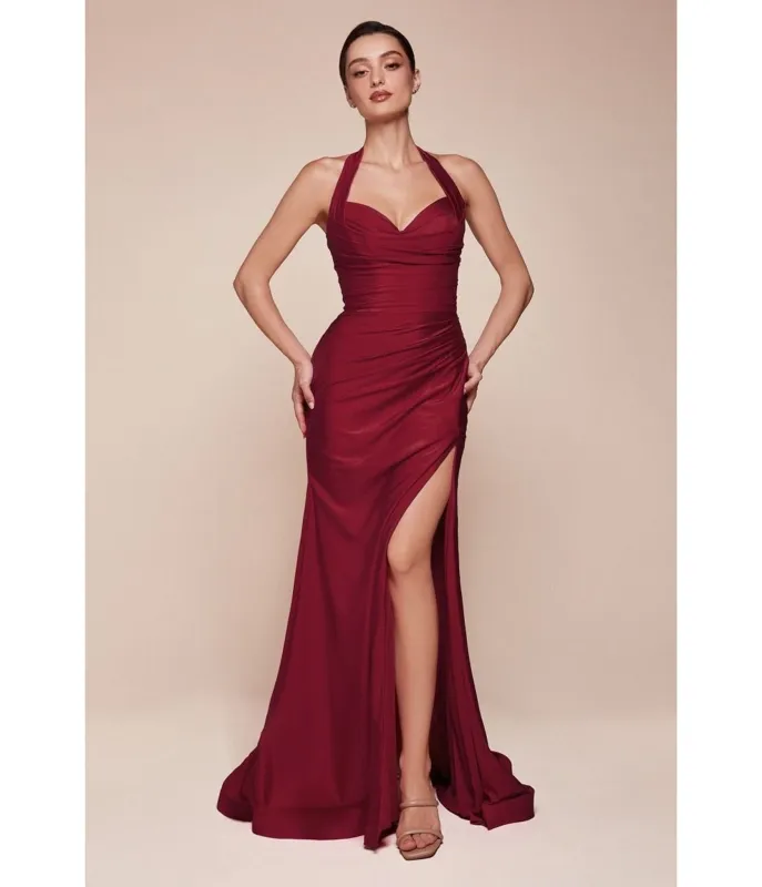 LaDivine by Cinderella Divine Burgundy Halter Sweetheart Neck Bridesmaid Gown with Gathered Waist sold by Unique Vintage