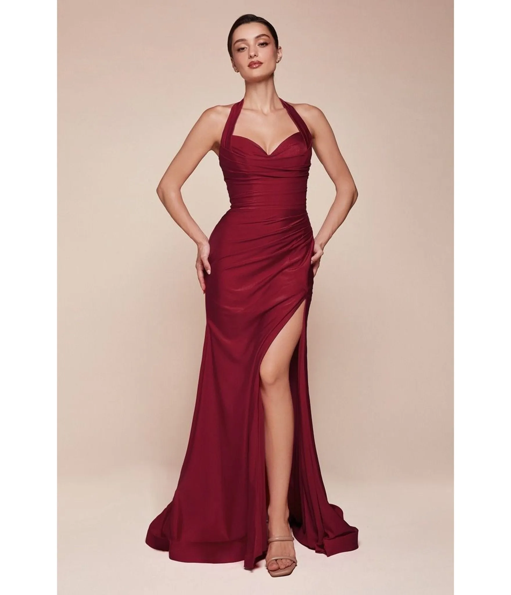 LaDivine by Cinderella Divine Burgundy Halter Sweetheart Neck Bridesmaid Gown with Gathered Waist sold by Unique Vintage