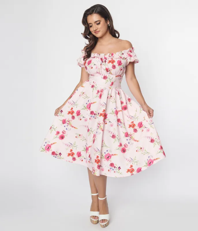 Unique Vintage 1950s Pink Floral Off the Shoulder Ruffle Swing Dress sold by Unique Vintage