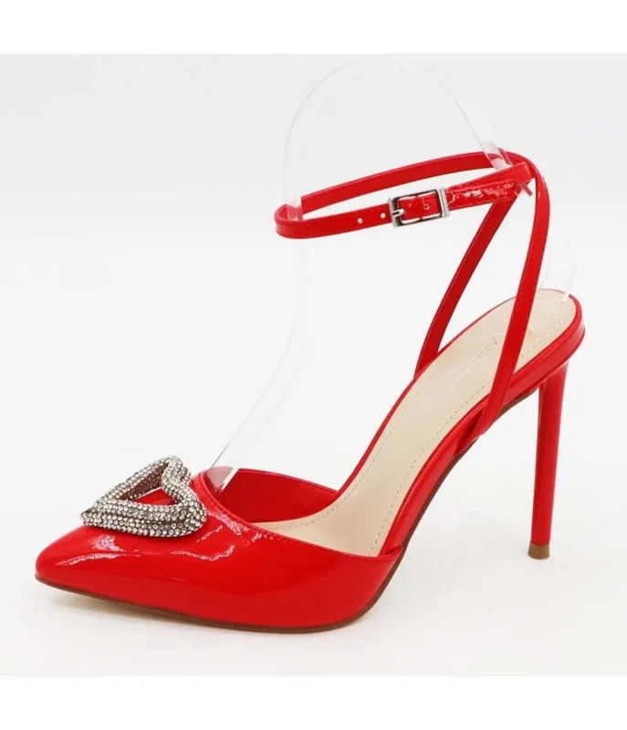 Red Patent Leatherette Rhinestone Heart Pumps made by Unique Vintage