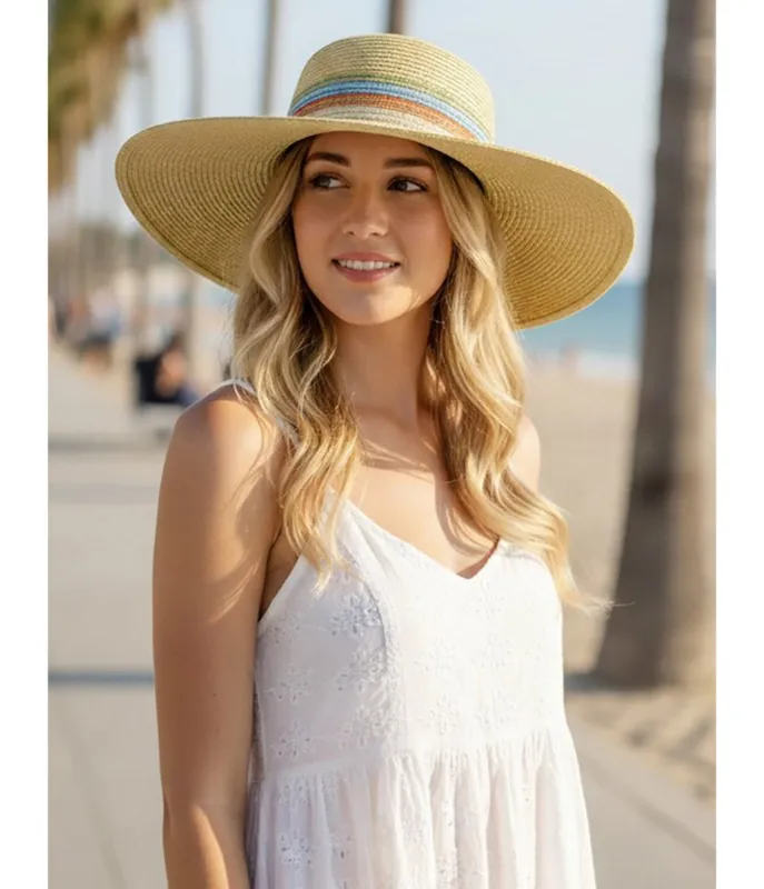 Tan & Multicolor Stripe Wide Brim Straw Hat made by Unique Vintage