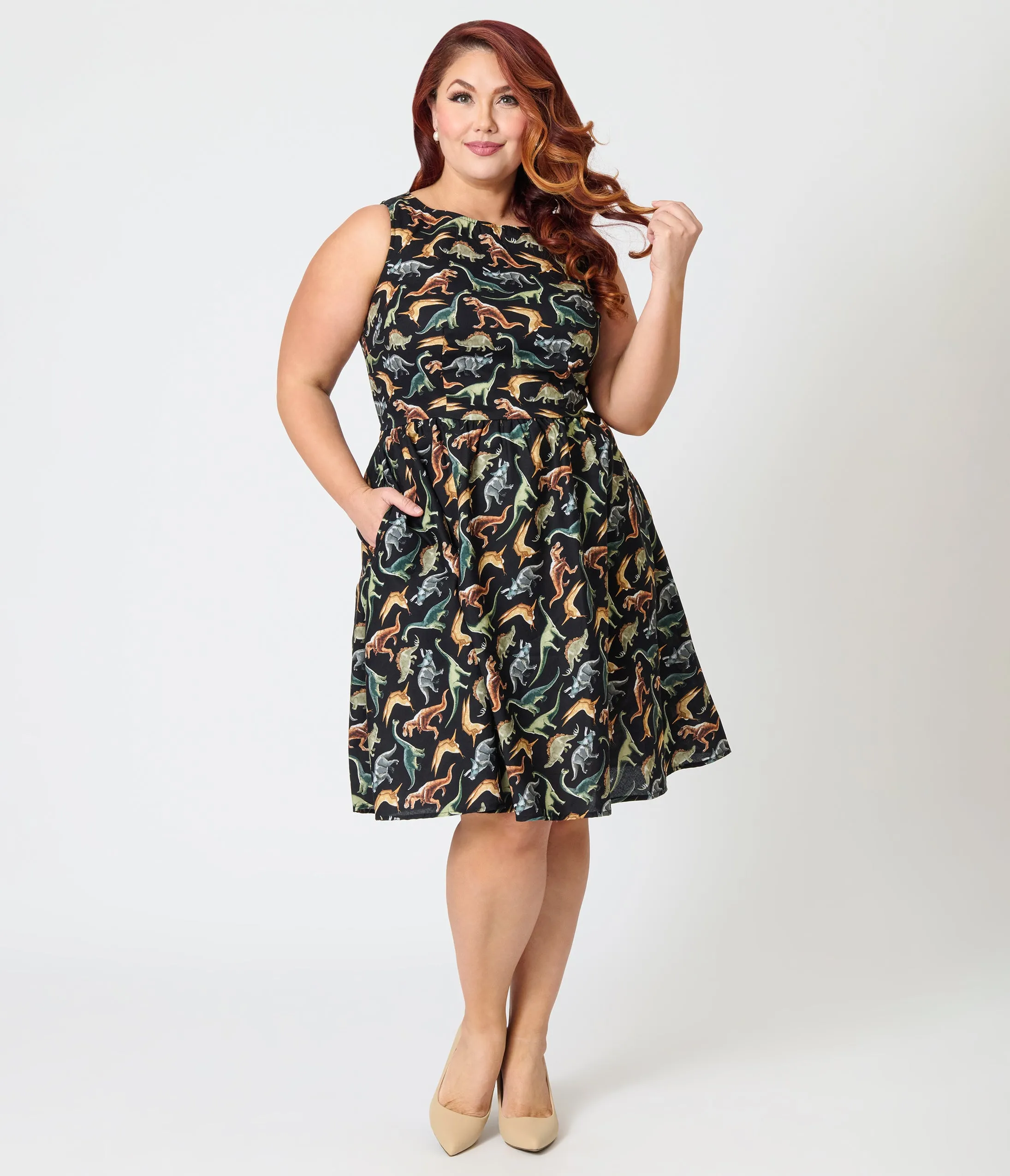 Retrolicious Plus Size Black & Dinosaur Print Cotton Flare Dress sold by Unique Vintage product image thumbnail 3