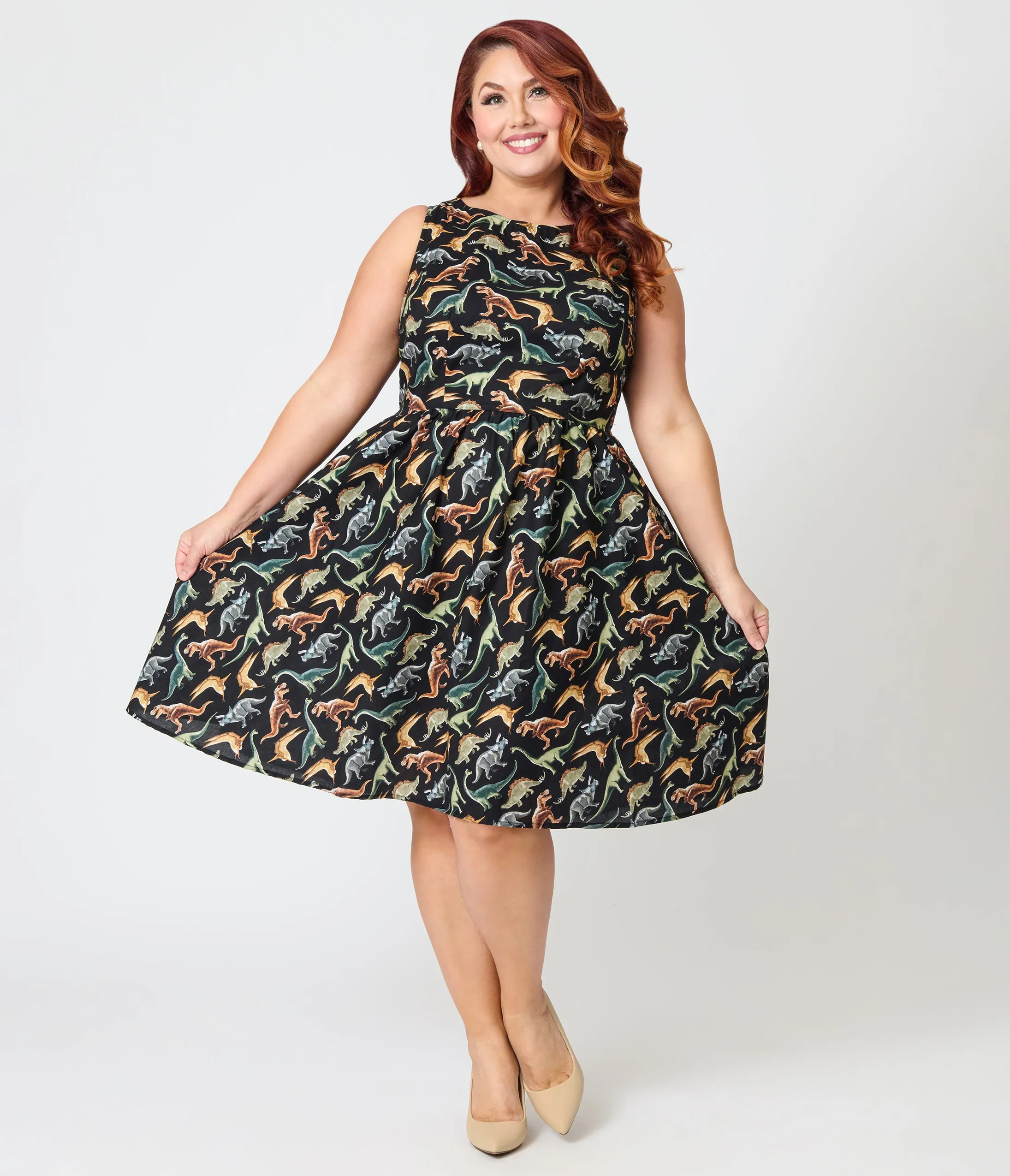 Retrolicious Plus Size Black & Dinosaur Print Cotton Flare Dress sold by Unique Vintage product image thumbnail 4