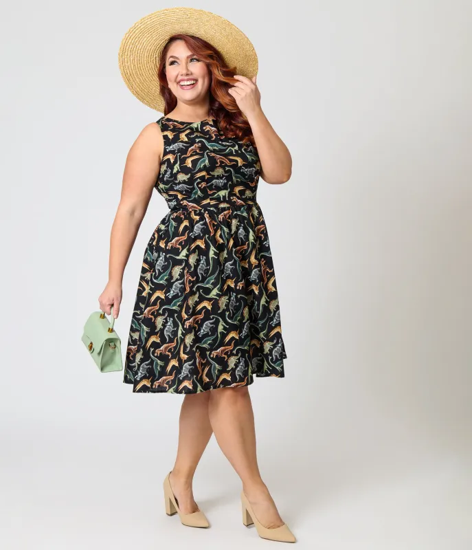 Retrolicious Plus Size Black & Dinosaur Print Cotton Flare Dress sold by Unique Vintage